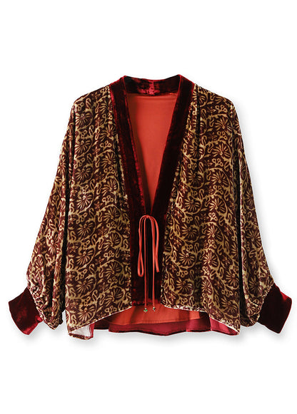 Wine Red Print Lace Up Patchwork Silk Velour Top Long Sleeve