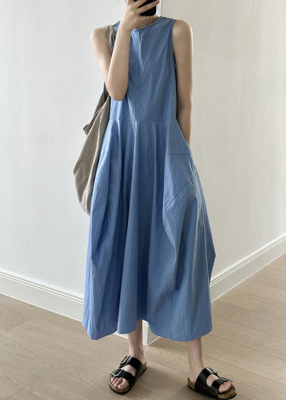 New Blue O-neck Pockets Cotton Long Dresses Sleeveless Summer