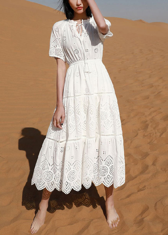 White Hollow Out Lace Up Cotton Long Dress Summer