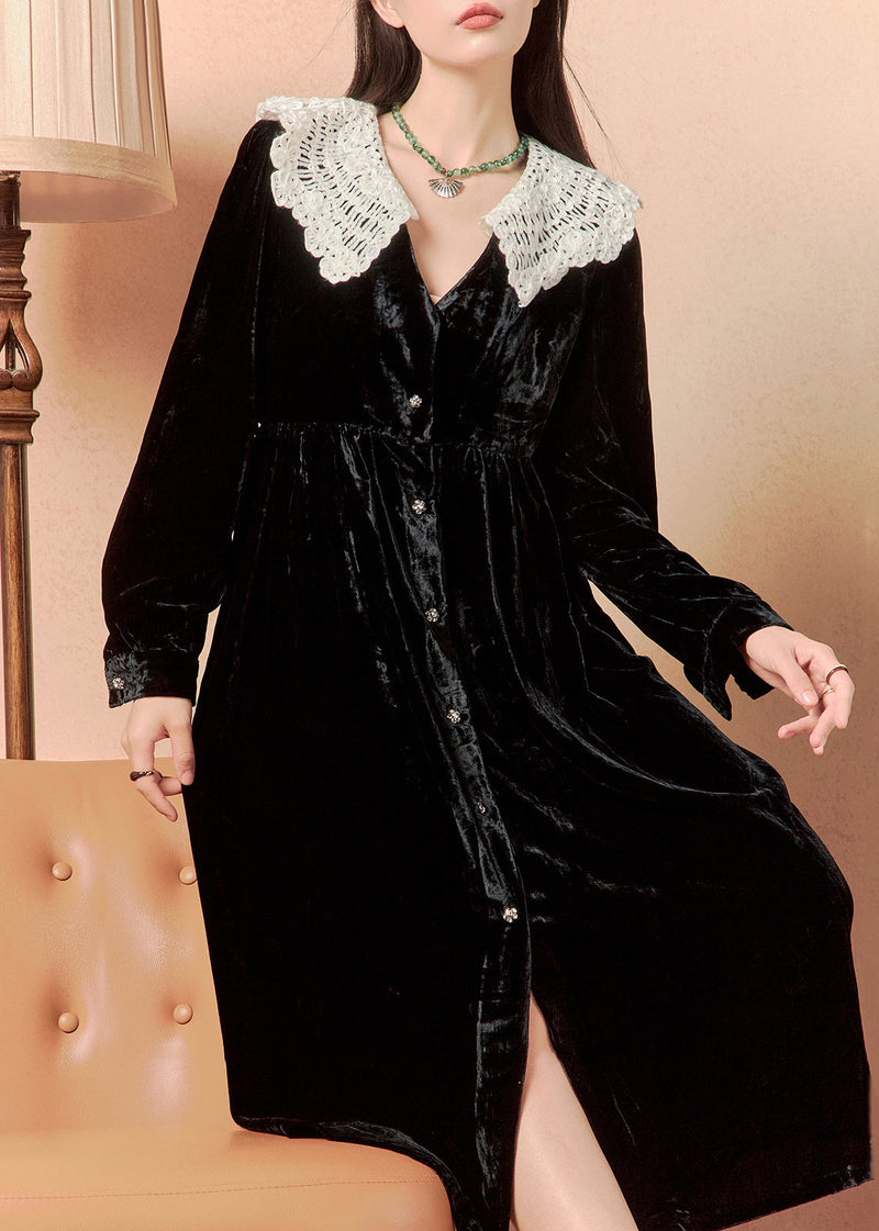 Italian Black Button Patchwork Silk Velour Shirts Dress Winter