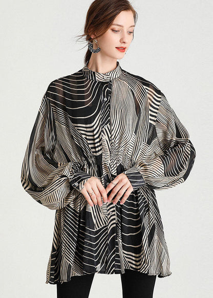 Black Stand Collar Striped Chiffon Cinch Blouse Tops Long Sleeve