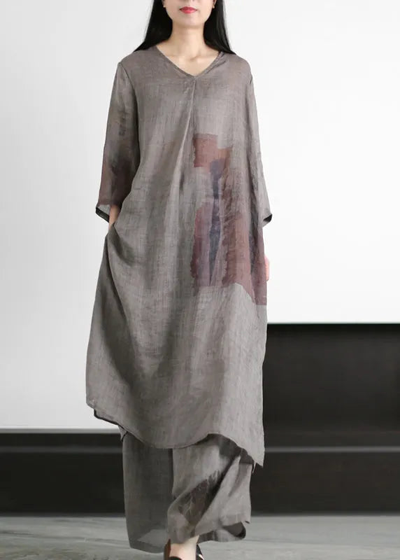Grey V Neck Print Side Open Linen Dress and Wide Leg Pant Two Pieces Set Summer