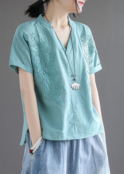 Organic Blue V Neck Embroideried Low High Design Shirts Summer