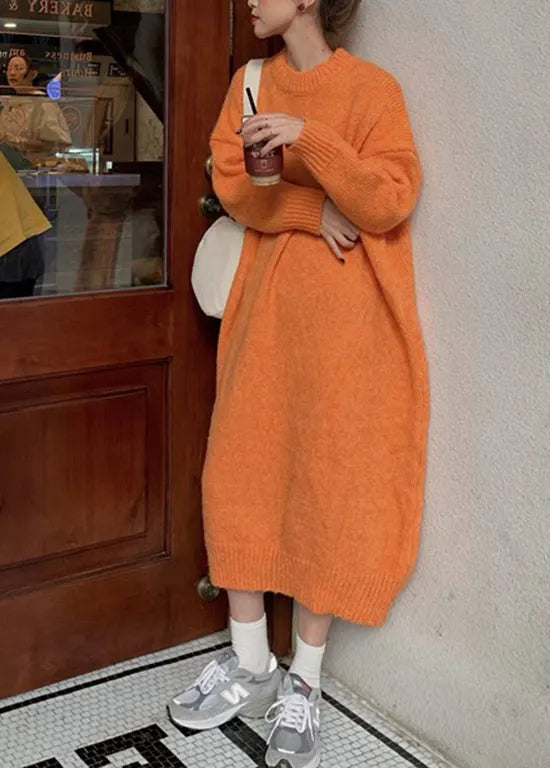 Rose O-neck Thick Cozy Loose Knit Sweater Dress Winter