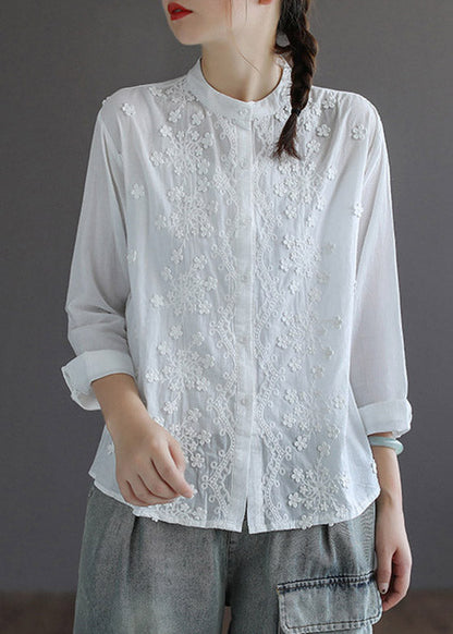 White Stand Collar Embroideried Button Cotton Shirt Long Sleeve