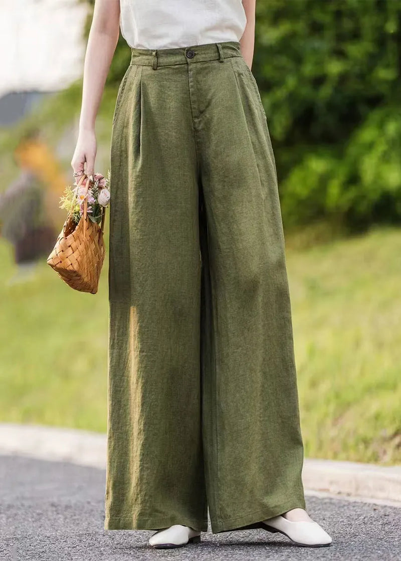 Green Pockets Linen Straight Pants Summer