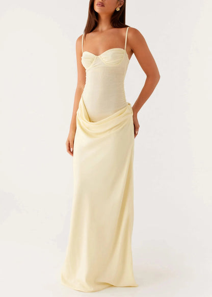 Yellow Wrinkled Tulle Patchwork Spaghetti Strap Dress Backless Summer
