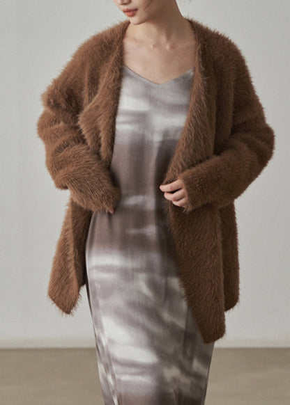 Coffee Chunky Mink Hair Knitted Cardigan V-neck Long Sleeve