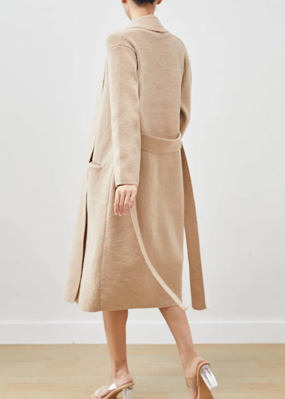 Khaki Warm Knit Sets 2 Pieces V Neck Tie Waist Winter