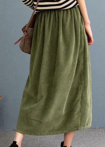 Green High Waist Pockets Corduroy a Line Skirts Fall