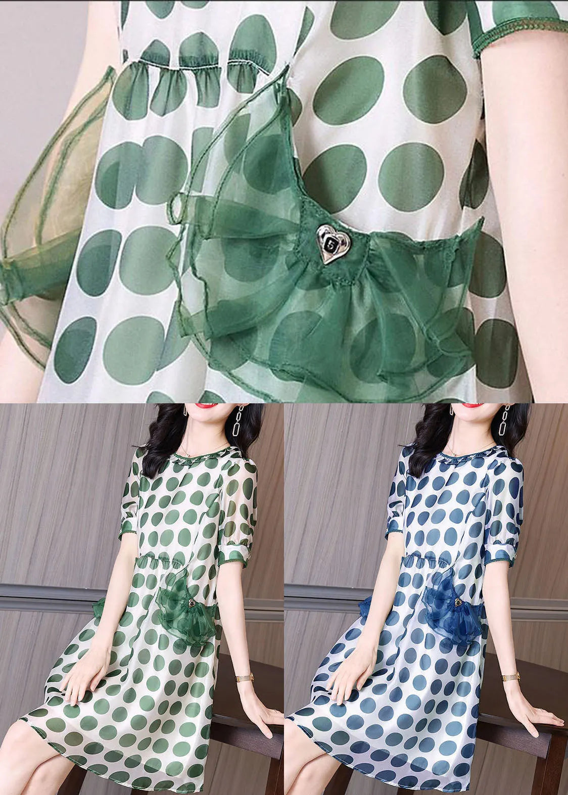 Green Print Tulle Patchwork Chiffon Cinched Dress Summer