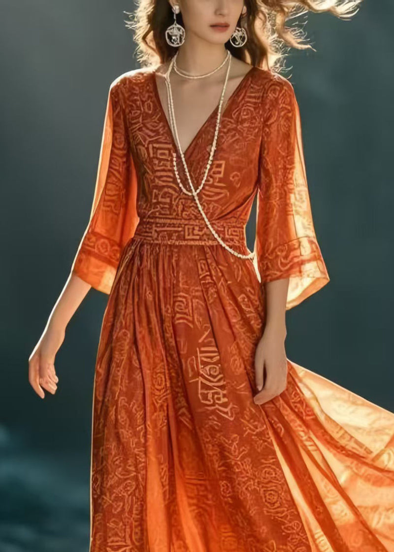 Italian Orange Print Chiffon Holiday Dresses Bracelet Sleeve Summer