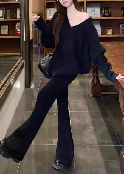 Black Sweaters and Flared Trousers Knit Two Pieces Set V Neck Spring