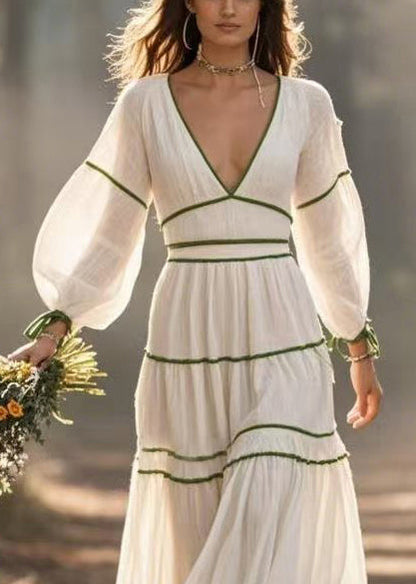 White V Neck Exra Large Hem Cotton Dresses Spring