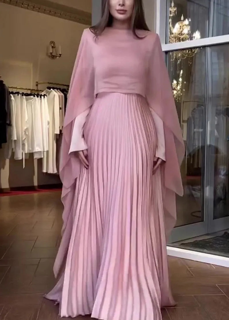 Spring New Pink Pleated Long Sleeved Dress Shawl Set