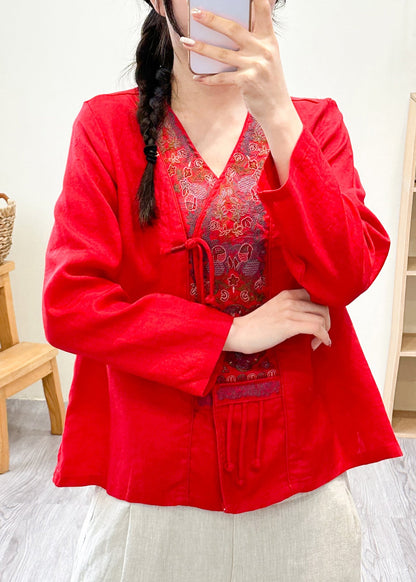 Pink V Neck Embroideried Patchwork Linen Shirts Fall
