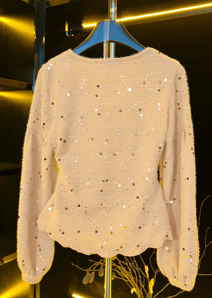 Khaki V Neck Sequins Cotton T Shirts Fall