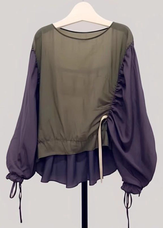 Colorblock Drawstring Patchwork Shirt Lantern Sleeve