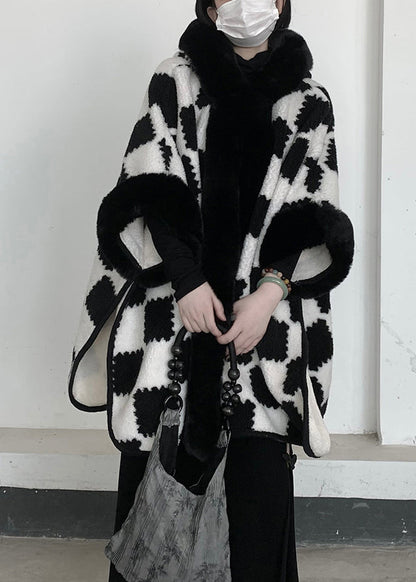 White Oversized Plaid Woolen Hooded Jacket Winter