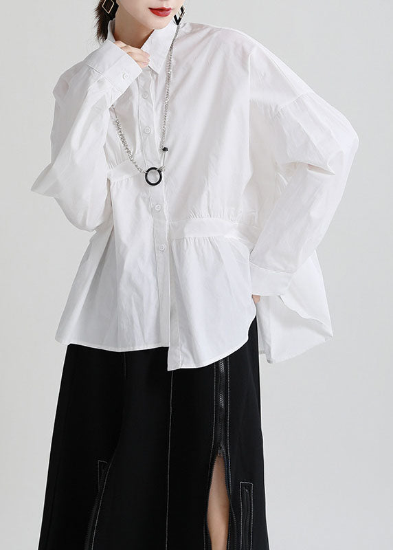 Modern White Peterpan Collar Button Patchwork Asymmetrical Design Fall Top Long Sleeve