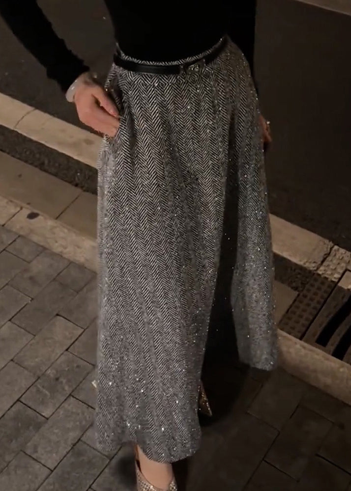 Grey Pockets High Waist Woolen Skirt Fall