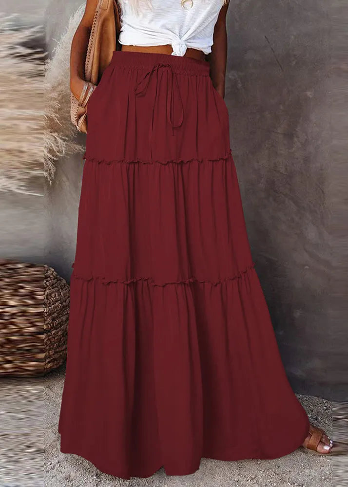 White Ruffled Patchwork Elastic Waist Maxi Skirts Summer