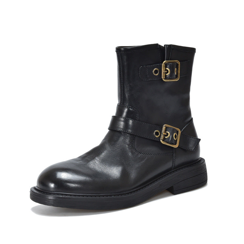Washed First Layer Cowhide Belt Buckle Knight Boots