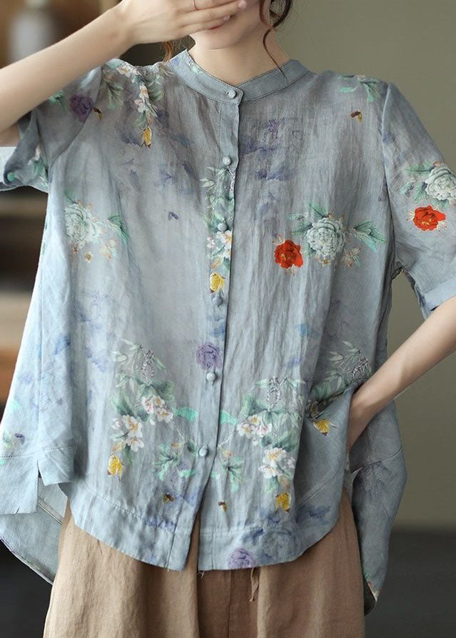 Blue Polka Dots Print Cotton Shirts Low High Design Short Sleeve
