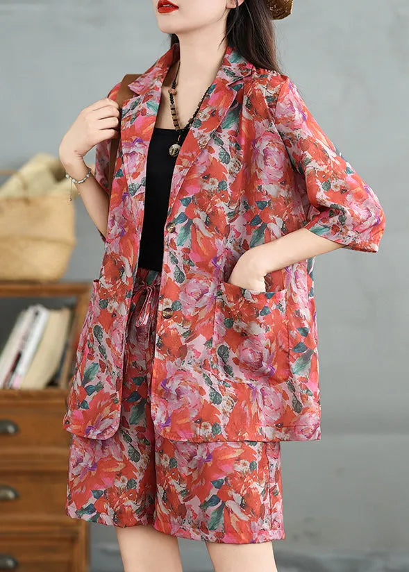 Loose Peter Pan Collar Print Coat and Shorts Cotton Two Pieces Set Summer