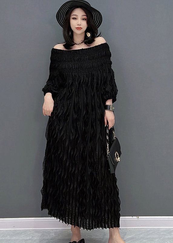 Black O-neck Wave Silk Long Dress Half Sleeve