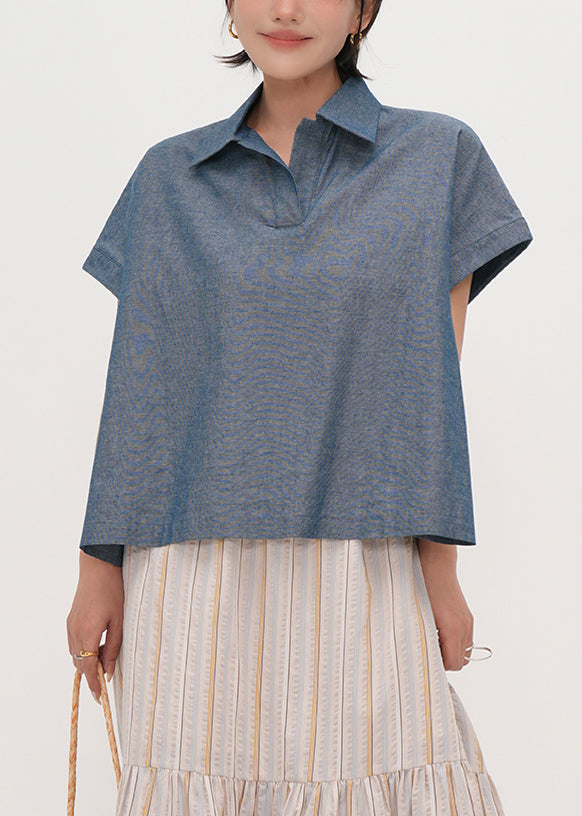 Blue Peter Pan Collar Oversized Cotton Shirts Summer