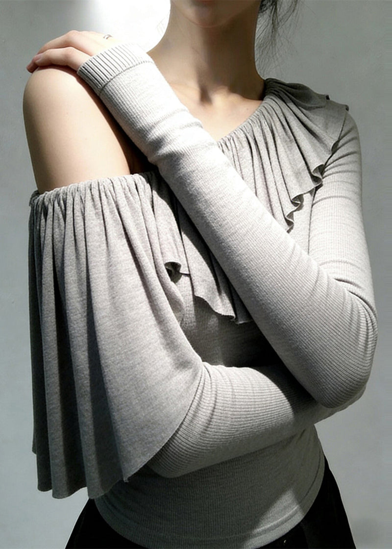 Grey One Shoulder Ruffles Cotton Top Spring