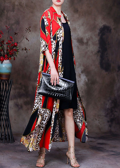 Red Stand Collar Leopard Print Chiffon Long Cardigans Summer