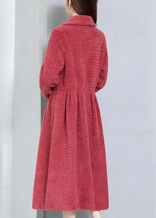 Watermelon Red Wrinkled Pockets Teddy Faux Fur Coats Long Sleeve
