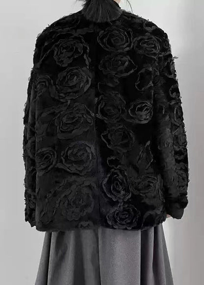 Black O-neck Button Fuzzy Fur Fluffy Coats Spring