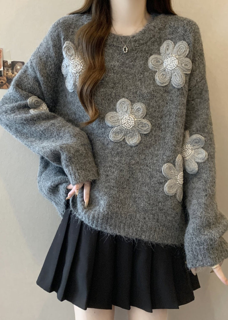 Simple Grey Oversized Knit Sweaters Winter