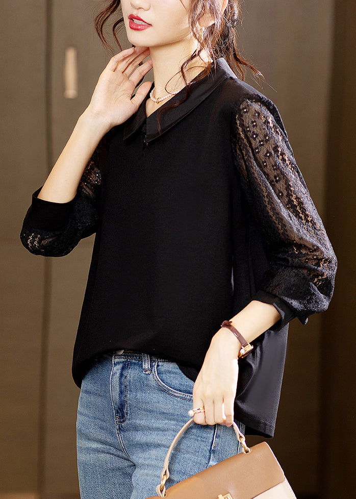 Black Hollow Out Lace Patchwork Tops Long Sleeve