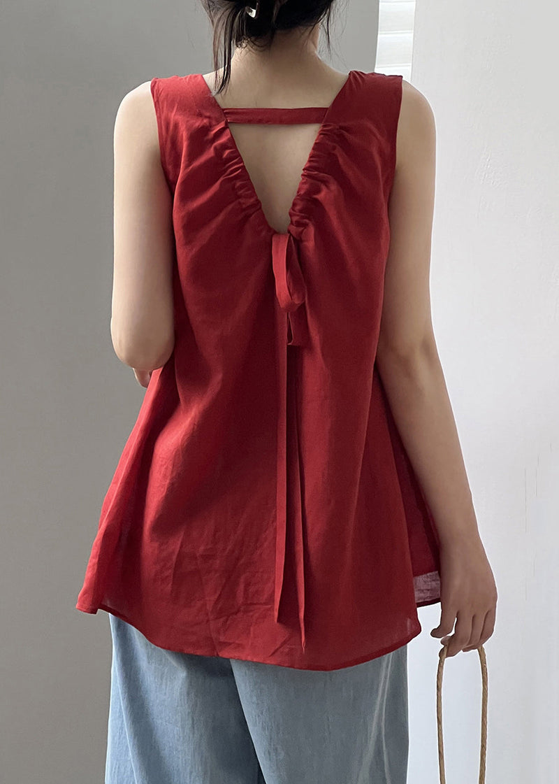 Red Lace Up Cotton Tops Sleeveless