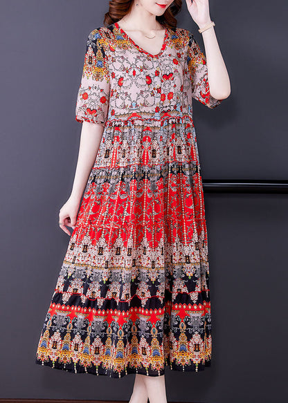 Red V Neck Print Draping Chiffon Long Dresses Short Sleeve Summer