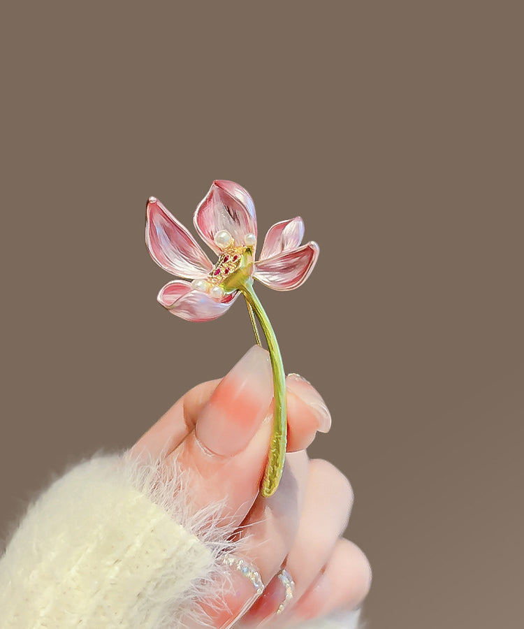 Pink Copper Alloy Pearl Lotus Brooches