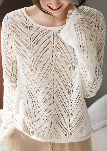 White O Neck Hollow Out Patchwork Knit Top Long Sleeve