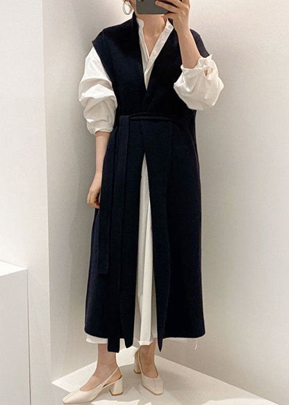 Classy Navy Oversized Original Design Knit Vest and Shirt Two Piece Set Outfits Spring