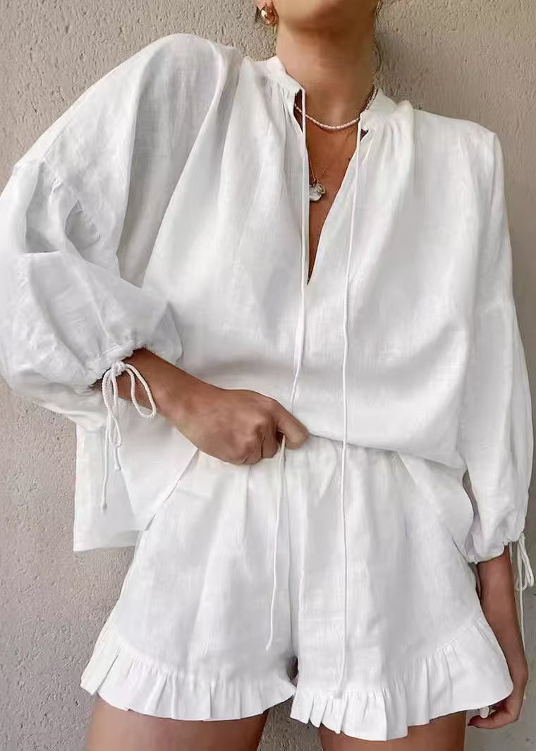 White Oversized Ruffled Cotton Sets 2 Pieces Summer
