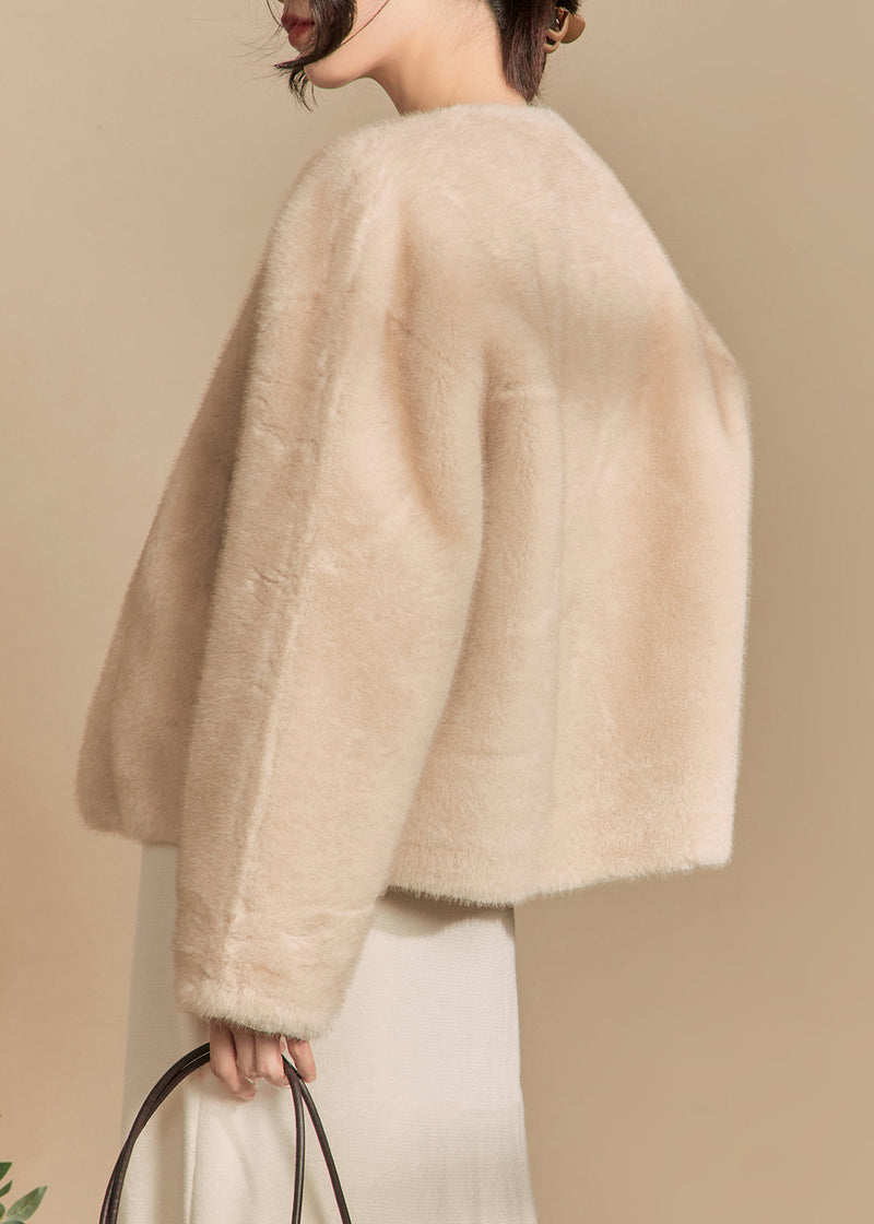 Apricot O-neck Button Fluffy Coats Winter