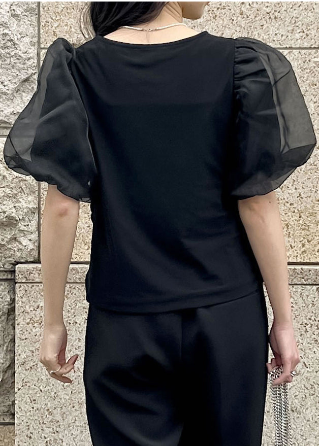 Black Puff Sleeve Wrinkled Cotton Tanks
