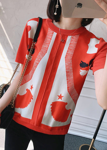 Red O-neck Print Silk Patchwork Knit Top Short Sleeve