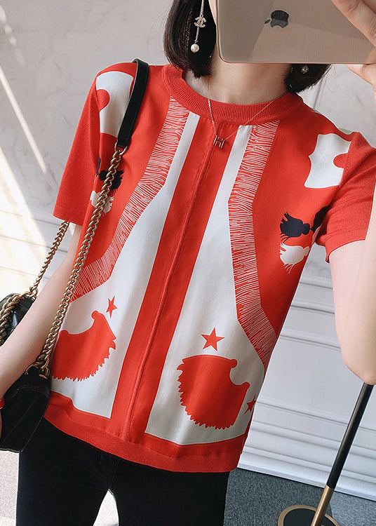 Red O-neck Print Silk Patchwork Knit Top Short Sleeve