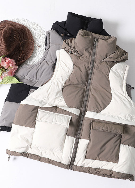 Diy Beige Zip Up Patchwork Sleeveless Duck Down Vest
