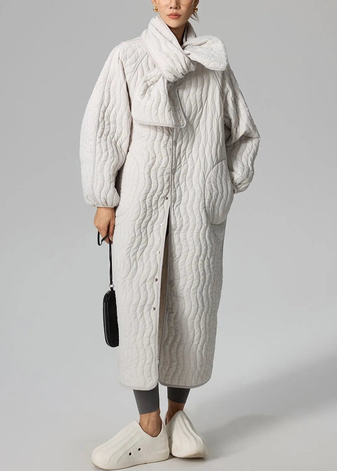 Loose Light Grey Button Scarf and Long Parka Cotton Filled Two Pieces Set Winter