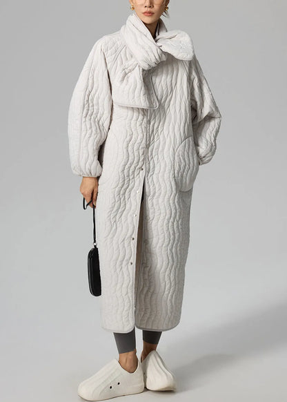 Loose Light Grey Button Scarf and Long Parka Cotton Filled Two Pieces Set Winter